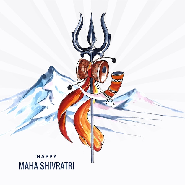 Happy maha shivratri card with trisulam a hindu festival and mountain background