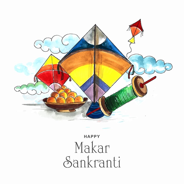 Vettore gratuito happy makar sankranti aquiloni colorati per il festival dell'india