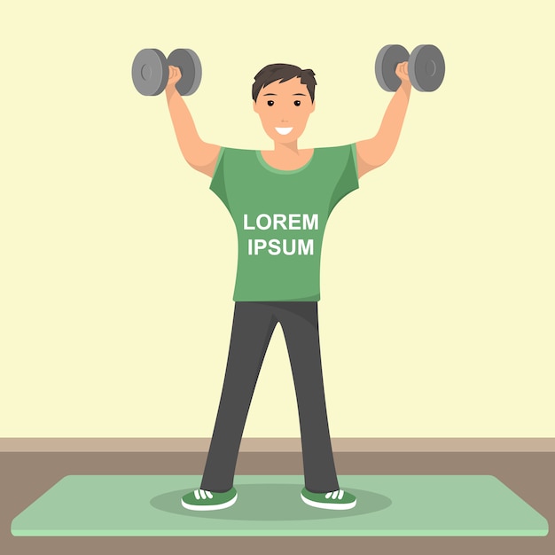 Free vector happy male standing training with gray dumbbell