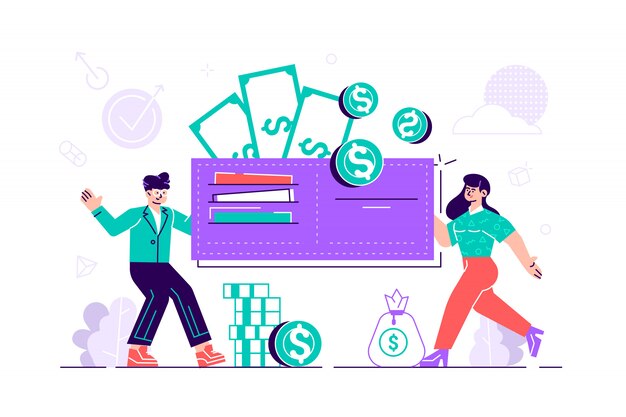 お金の節約 ビジネス金融のイラスト 現金とコインの財布 投資の概念 人男性女性キャラクター プレミアムベクター