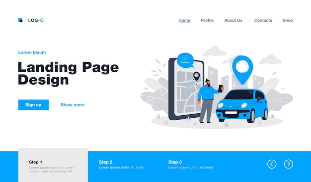 Happy man ordering taxi landing page in flat style