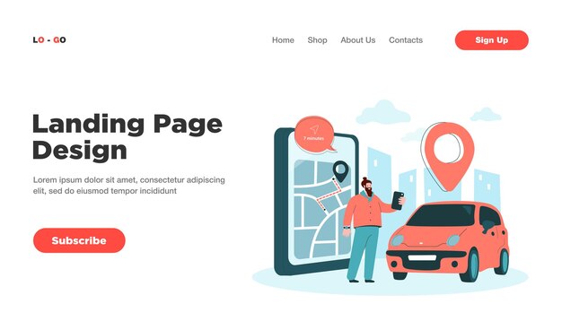 Happy man ordering taxi landing page