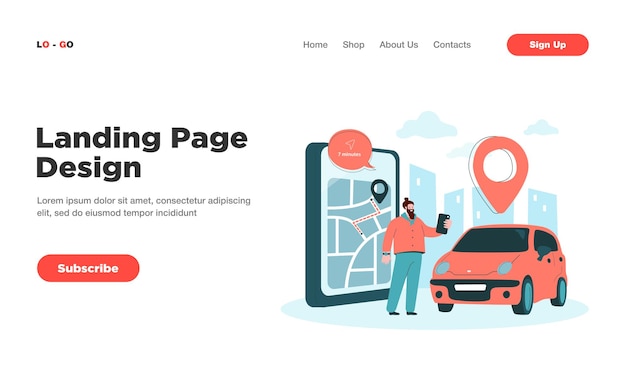 Happy man ordering taxi landing page