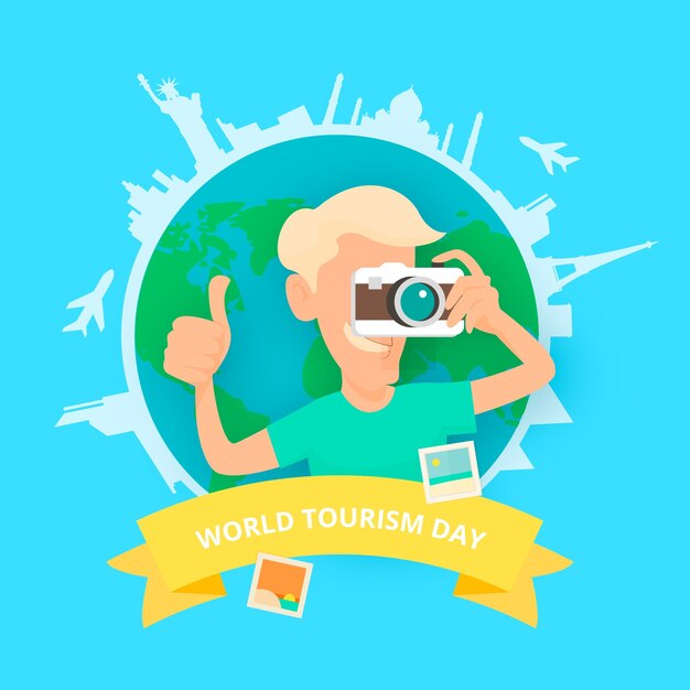 Free vector happy man taking photos with earth background