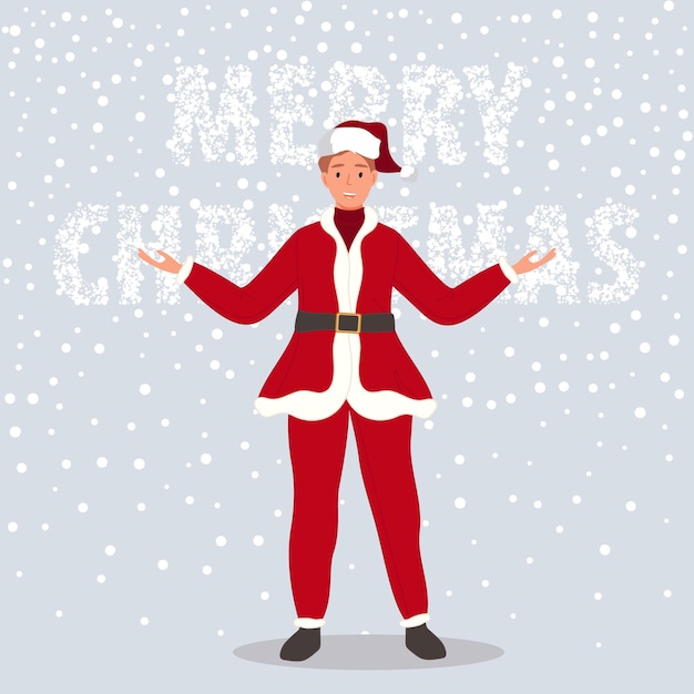 Free vector happy man wearing in santa claus clothes on snow background vector illustration in cartoon style