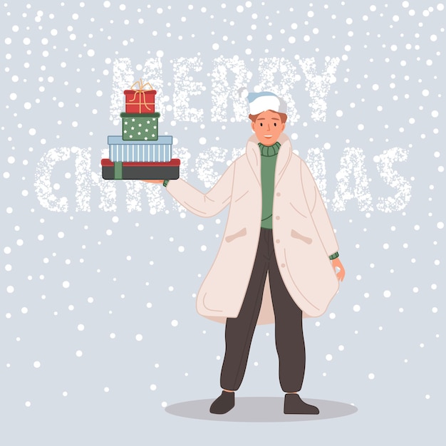 Vettore gratuito uomo felice con regali di natale uomo che indossa un cappello da babbo natale buon natale concept