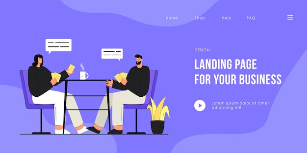 Happy man and woman sitting at table and playing cards landing page template