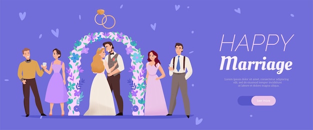 Happy marriage horizontal lilac web banner with wedding ceremony flower arch kissing couple guests