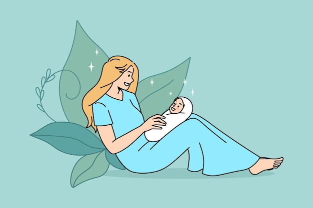 행복한 출산과 모성 개념입니다. 파란색 드레스를 입고 웃고 있는 젊은 여성 어머니가 앉아 있는 작은 아기 갓난아기를 사랑 벡터 삽화를 느끼는 손에 안고 있습니다.