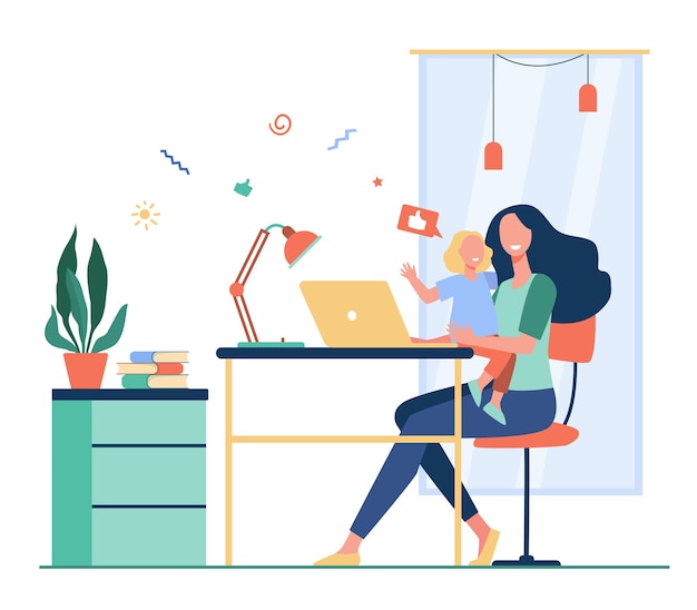 Happy mom combining freelance work and motherhood. Woman sitting at workplace at home and holding child in arms. Flat vector illustration for freelancer, mother, family and career concept