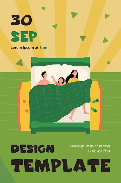 Happy mom, dad and kid sleeping together isolated flat flyer template