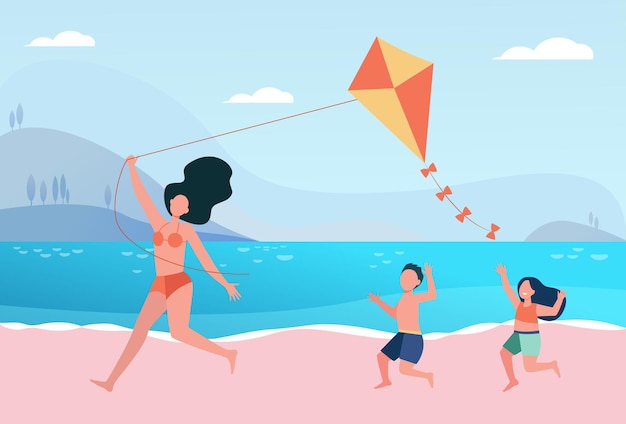 Free vector happy mom with kids flying kite on beach. family having fun at seaside