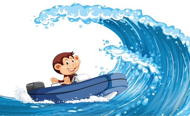 Free vector happy monkey driving boat on ocean wave