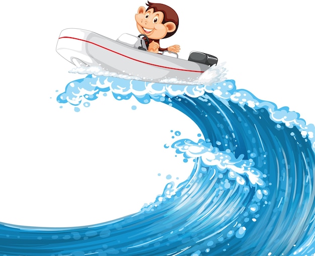 Happy monkey driving boat on ocean wave