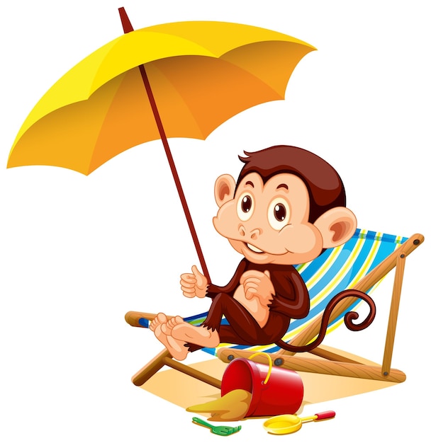 Scimmia felice seduta sotto l'ombrellone