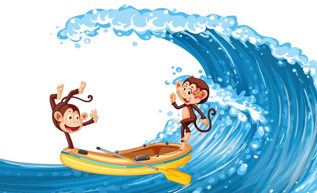 Счастливые обезьяны танцуют на надувной лодке на океанской волне