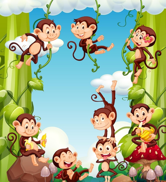Vettore gratuito scimmie felici sullo sfondo della natura