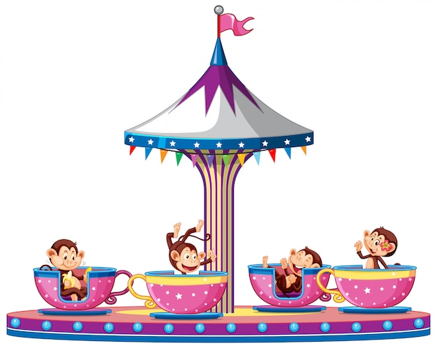 Happy monkeys riding the cups in the circus