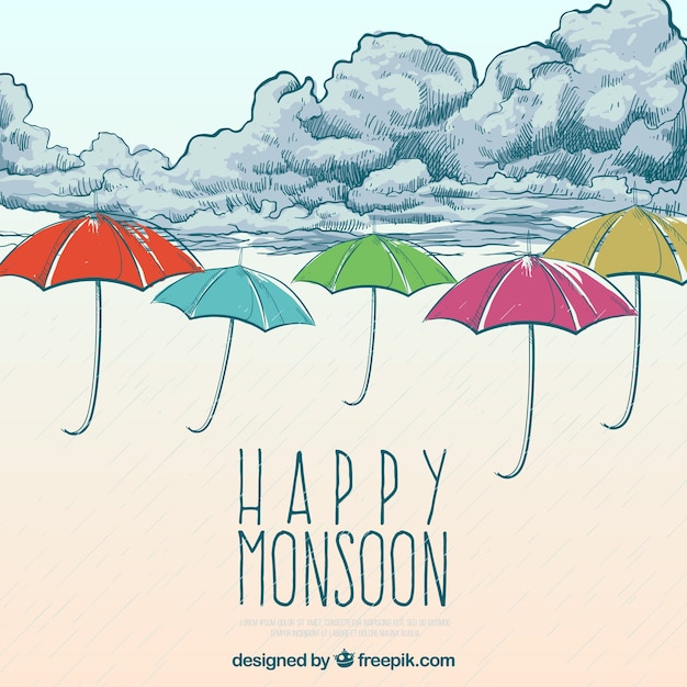 Vettore gratuito felice monsone sfondo con nuvole e mano disegnata ombrello