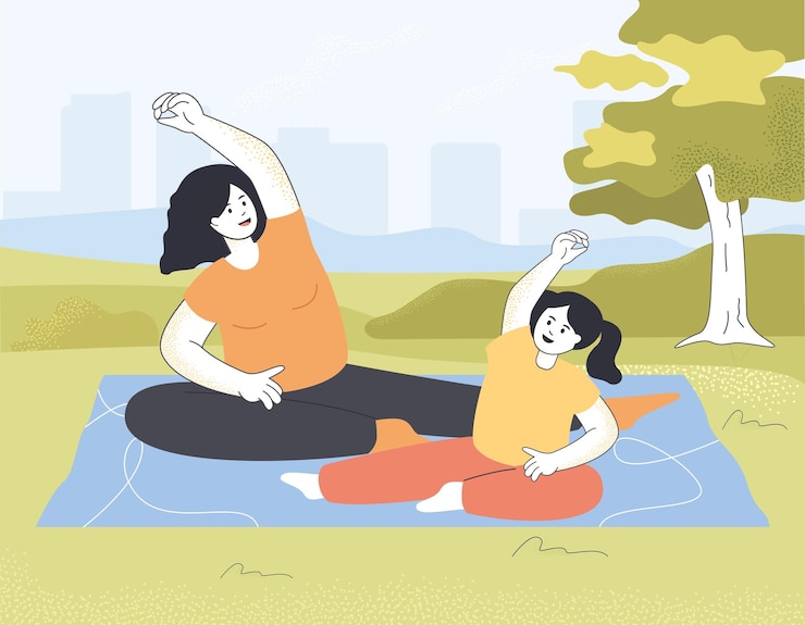 무료 Vector 행복한 엄마와 딸이 공원에서 요가 운동을 하고 있습니다. 신선한 공기 평면 벡터 일러스트 레이 션에 여자와 여자 훈련. 가족 또는 야외 활동, 건강한 생활 방식, 배너를 위한 여가 개념