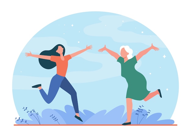 Happy mother and daughter meeting outdoors. senior and young woman meeting with open arms flat illustration.