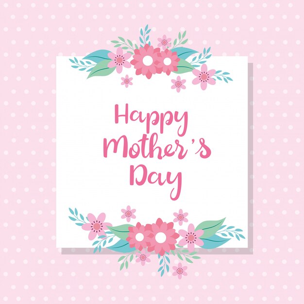 正方形のフレームと花の装飾が施された幸せな母の日カード