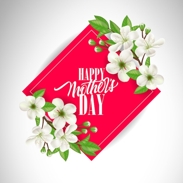Счастливый День матери надписи на красной площади с цветами. Поздравительная открытка на День Матери