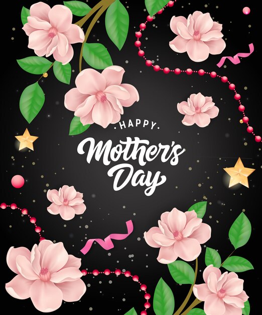 Happy Mother Day lettering with garlands and flowers. Mothers Day greeting card