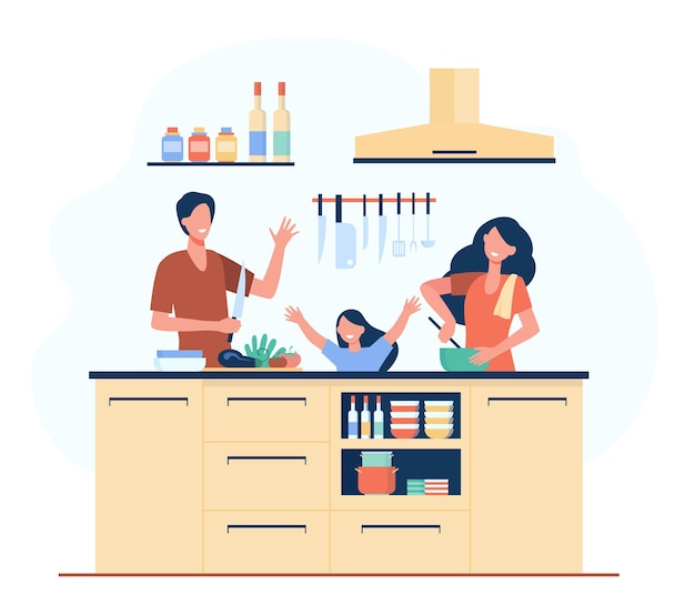 Happy mother, father and daughter cooking together isolated flat illustration.