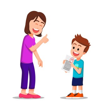 Счастливая мать показывает большой палец своему сыну, получившему на экзамене наивысшую оценку