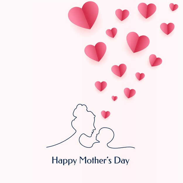 Поздравительная открытка на день матери с мамой и ребенком и плавающими сердцами