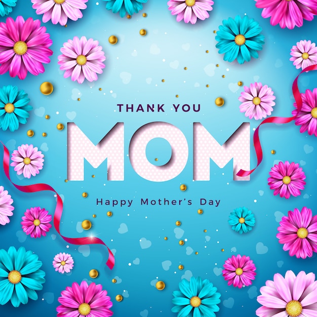 Free vector happy mother's day greeting card design with flower and typography letter on blue background.