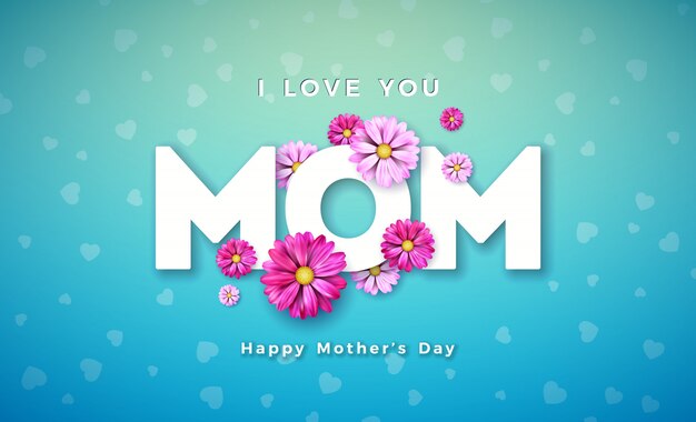青い背景に花とタイポグラフィの手紙と幸せな母の日グリーティングカードデザイン。