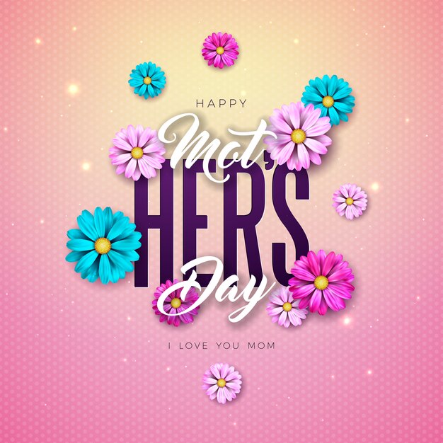 幸せな母の日グリーティングカードデザインピンクの背景に花とタイポグラフィの手紙。バナー、チラシ、招待状、パンフレット、ポスターのお祝いイラストテンプレート。