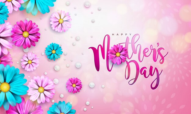 분홍색 배경에 꽃과 타이 포 그래피 문자로 해피 어머니의 날 인사말 카드 디자인.