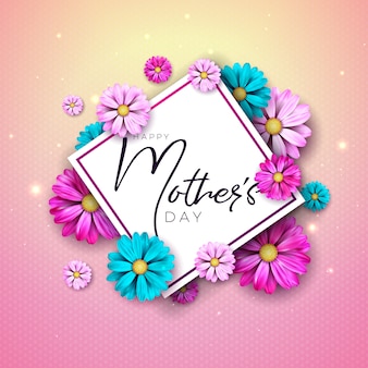 Happy mother’s day greeting card design with flower and typography letter