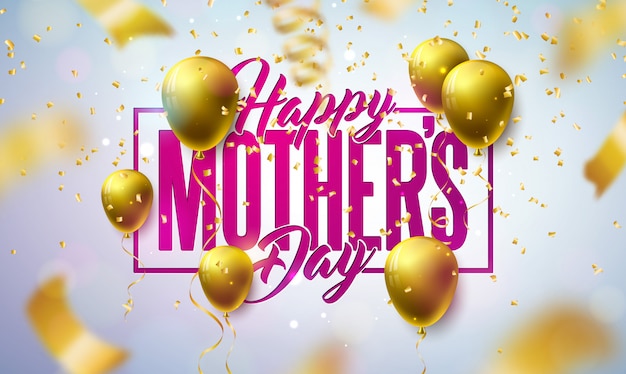 Happy mother's day greeting card design with gold balloon and falling confetti on light background.   celebration illustration template for banner, flyer, invitation, brochure, poster.