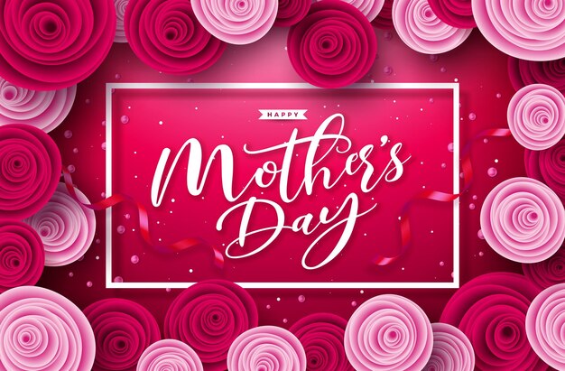 Happy mother's day greeting card design with rose flower and typography letter on red background