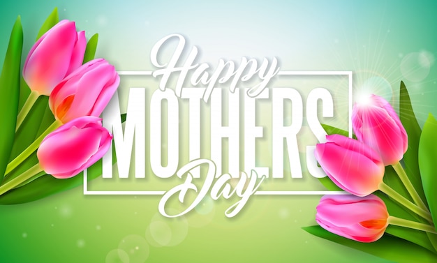 Дизайн поздравительной открытки с Днем матери с цветком тюльпана и типографским письмом