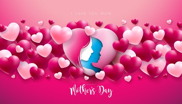 Дизайн поздравительных открыток ко Дню матери с женским лицом и детским силуэтом в любящем сердце