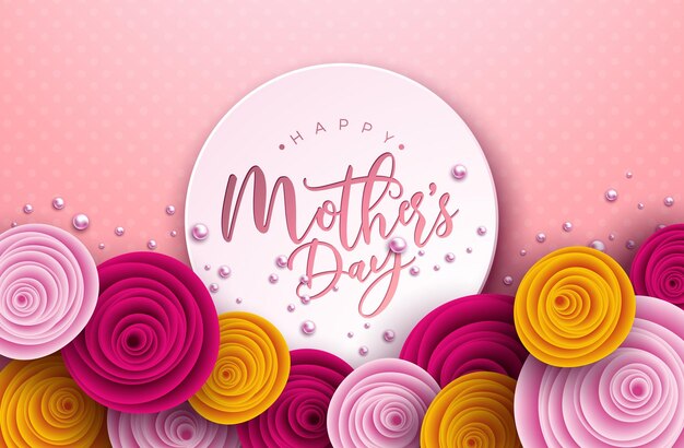 バラの花の真珠とピンクの背景にタイポグラフィの手紙と幸せな母の日のイラスト