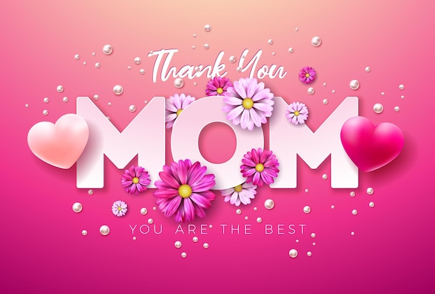 Free vector happy mother's day illustration with spring flower heart and thank you mom typography lettering
