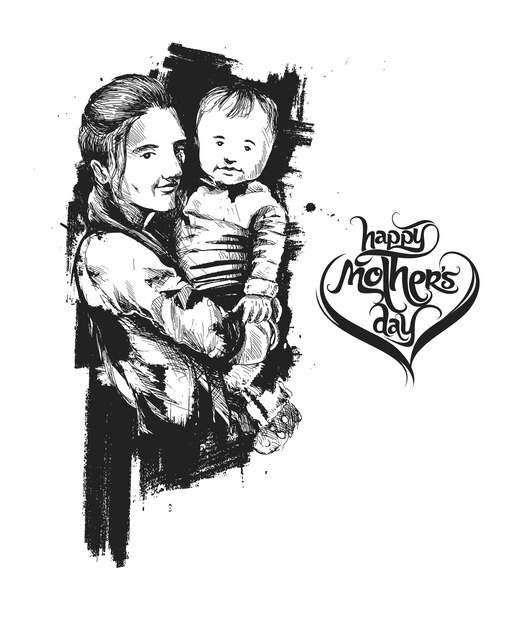 Happy Mother's Day Loving Family Mother and Child Sketch Design