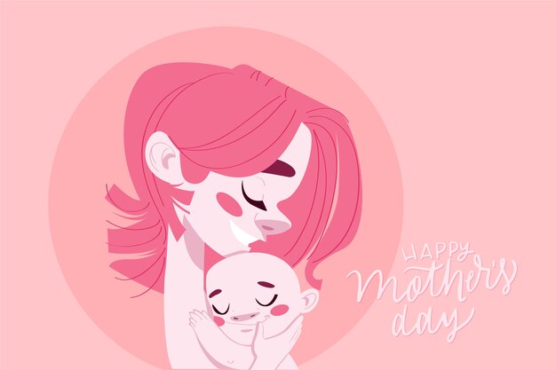 彼女の子供を抱いてピンクの髪の幸せな母