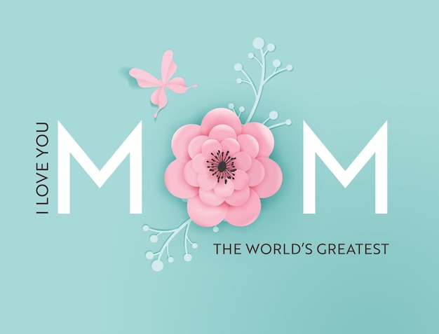 Счастливый день матери праздник баннер. поздравительная открытка ко дню матери здравствуйте! весенний дизайн вырезки из бумаги с цветами и открыткой для бабочек. векторная иллюстрация