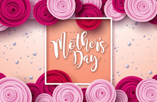 밝은 분홍색 배경에 장미 꽃 진주와 타이포그래피 편지와 함께 해피 어머니의 날 그림