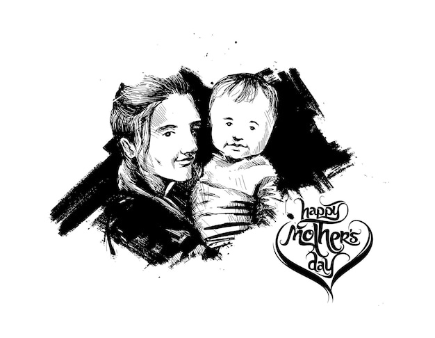 Happy Mothers Day Loving Family Mother and Child Sketch Design