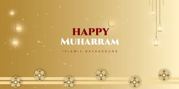 Free vector happy muharram beige golden background islamic social media banner free vector