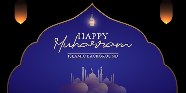 Free vector happy muharram blue black background islamic social media banner free vector