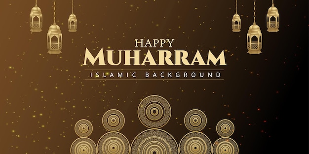 Free vector happy muharram brown golden background islamic social media banner free vector